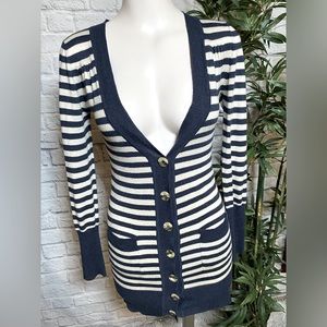 Costa Blanco Women’s Large Blue and White Striped Button Up Long Cardigan
